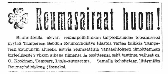 Kuva vanhasta lehti-ilmoituksesta